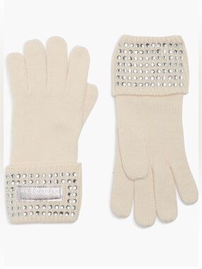 Kurt Geiger London Crystal Cuff Gloves Bone Embellished Knit Winter NWT